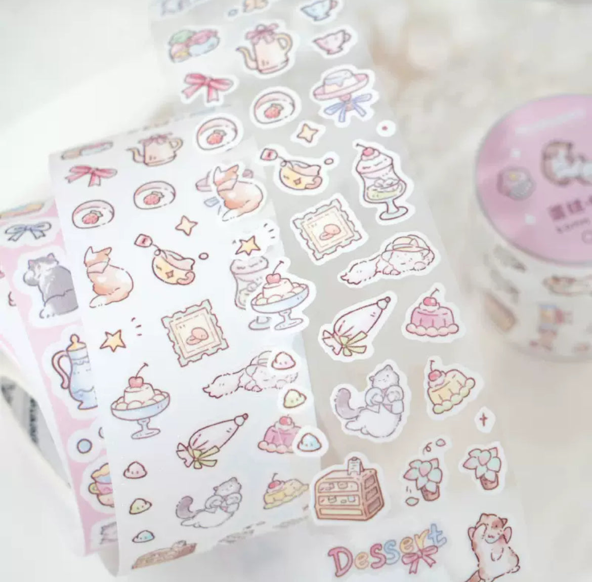 Rollos de pegatinas kawaii de comida, postre y gato