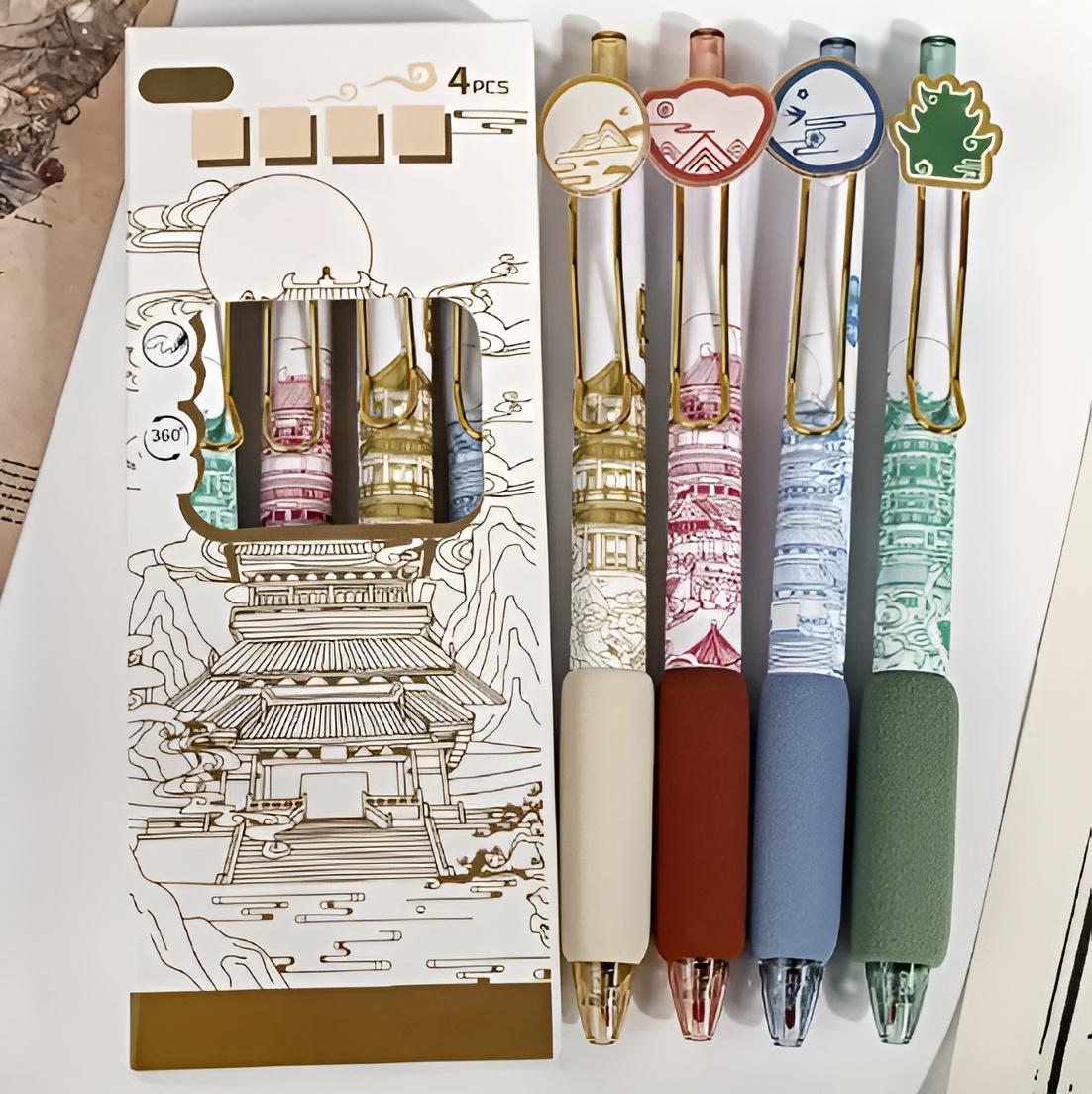 Chinese-inspired gel pens, 4pcs, 0.5mm Fine point